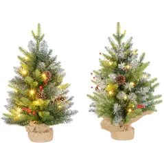 HOMCOM Set of Two 2ft Christmas Trees, with Lights, Berries and Pinecones - 1