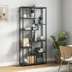 HOMCOM Seven-Tier Geometric Bookcase - Grey/Black - 2
