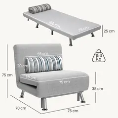 HOMCOM Single Sofa Bed, 1 Person Sleeper Foldable Lounge with Pillow, Light Grey - 3