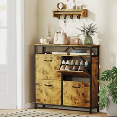 HOMCOM Shoe Storage Cabinet with 4 Flip Drawers and Open Shelf - Rustic Brown - 2