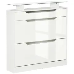 HOMCOM Shoe Storage Cabinet with Slide Out Drawer, 2 Flip Doors, Tempered Glass Top - White - 1