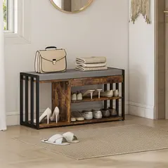 HOMCOM Shoe Storage with Seat, Upholstered Entryway Bench, Shoe Bench with 3 Open Shelves for Hallway, Rustic Brown - 7