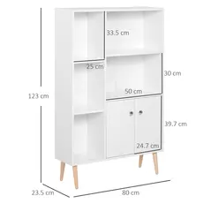 HOMCOM Sideboard Storage Cabinet Cupboard, Open Bookcase with 2 Doors 5 Compartments Wooden Modern Style for Living Room Bedroom Kitchen 80 x 23 x 123 cm, White - 3