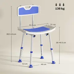 HOMCOM Shower Stool with Backrest, Height Adjustable Shower Chair with Anti-slip Foot Pads, Shower Head Holder, Blue - 3