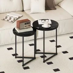 HOMCOM Set of Two Marble-Effect Nest of Tables - Black Marble Effect - 2