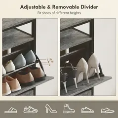 HOMCOM Shoe Storage Cabinet with 4 Flip Drawers and Open Shelf - Cement Grey - 6