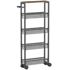 HOMCOM Slim Storage Trolley, 5-Tier Kitchen Cart on Wheels with Wood-effect Top, Handle for Living Room, Bathroom, Black - 1