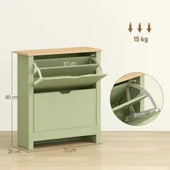 HOMCOM Slim Shoe Cabinet, Narrow Shoe Cupboard with 2 Flip Drawers, Adjustable Shelves for 12 Pairs of Shoes, Green - 3