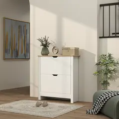 HOMCOM Slim Shoe Cabinet, Narrow Shoe Cupboard with 2 Flip Drawers, Adjustable Shelves for 12 Pairs of Shoes, High Gloss White - 2