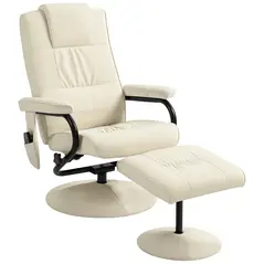 HOMCOM Swivel Recliner Chair and Footstool, Faux Leather Massage Recliner Armchair with Remote Control and Round Wrapped Base, Cream White - 1