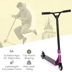 HOMCOM Stunt Scooter, 360° Entry Level Tricks Scooter w/ Lightweight Aluminium Deck and ABEC 7 Bearing, For Age 14+ Beginners, Purple - 4
