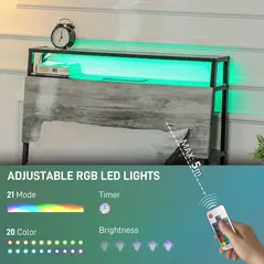 HOMCOM Single Steel Bed Frame, with LED Lights and Shelf - Grey - 4