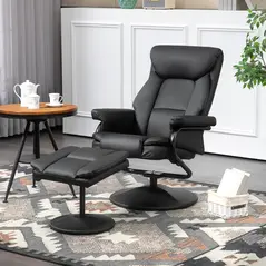 HOMCOM Swivel Recliner Chair with Footstool, PU Leather Recliner Armchair with Ottoman, Steel Base, Upholstered Reclining Chair for Living Room, Bedroom, Office, Black - 2