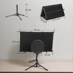 HOMCOM Studio Microphone Isolation Shield with Pop Filter and Tripod Stand, Foldable Adjustable Recording Studio Equipment, 3-Panel High Density Absorbent Foam Shield with 3/8" Threaded Mount, Black - 3