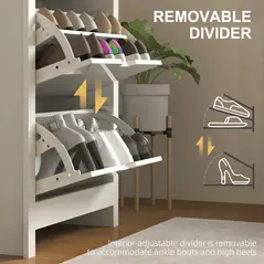 HOMCOM Slim Shoe Cabinet, Narrow Shoe Cupboard with 3 Flip Drawers, Adjustable Shelves for 18 Pairs of Shoes, High Gloss White - 6