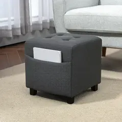 HOMCOM Square Footstool, Small Ottoman with Side Pocket, Linen Fabric Footrest Foot Stool with Rubber Wood Legs and Padded Seat for Living Room, Bedroom, Entryway, 35 x 35 x 35cm, Grey - 2
