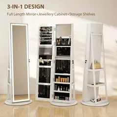 HOMCOM Storage Jewellery Cabinet, with Mirror and Lights - White - 4