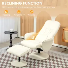HOMCOM Swivel Recliner Chair with Footstool, PU Leather Armchair and Ottoman with High Back and Round Base for Living Room, Cream White - 4