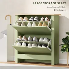 HOMCOM Slim Shoe Cabinet, Narrow Shoe Cupboard with 2 Flip Drawers, Adjustable Shelves for 12 Pairs of Shoes, Green - 4