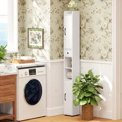 HOMCOM Tall Bathroom Cabinet, Farmhouse Slim Bathroom Storage Cabinet with Barn Doors, Toilet Paper Roll Holder, Drawer and Adjustable Shelves, Narrow Bathroom Storage Unit, 20 x 20 x 185cm, White - 9