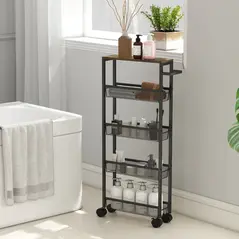 HOMCOM Slim Storage Trolley, 5-Tier Kitchen Cart on Wheels with Wood-effect Top, Handle for Living Room, Bathroom, Black - 8
