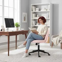 HOMCOM Teddy Fleece Office Chair with Wheels - Light Pink - 8