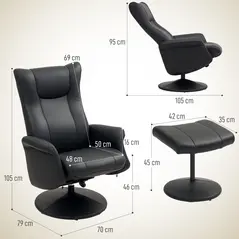 HOMCOM Swivel Recliner Chair with Footstool, PU Leather Recliner Armchair with Adjustable Back and Steel Frame, Reclining Chair Lounge with Flared Armrests for Living Room, Black - 3