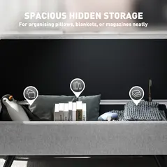 HOMCOM Storage Ottoman with Armrest, Upholstered Linen Storage Bench, Window Seat with Rubberwood Legs, Footstool for Bedroom Living Room, Hallway, Dark Grey - 5