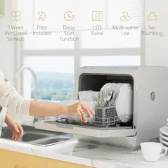 HOMCOM Table Top Dishwasher with Built-in 6L Water Tank, Mini Countertop Dishwasher with 6 Programs, 4 Place Settings, Silver Tone - 8