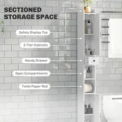 HOMCOM Tall Bathroom Cabinet, Farmhouse Slim Bathroom Storage Cabinet with Barn Doors, Toilet Paper Roll Holder, Drawer and Adjustable Shelves, Narrow Bathroom Storage Unit, 20 x 20 x 185cm, White - 4