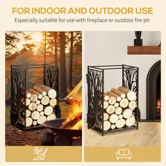 HOMCOM Steel Firewood Log Holder Indoor Outdoor Firewood Rack Fireplace Wood Storage Shelf with 4 Tools, Hooks, Tree Pattern Design, Rust-Resistant, Black, 46W x 30D x 70H cm - 6