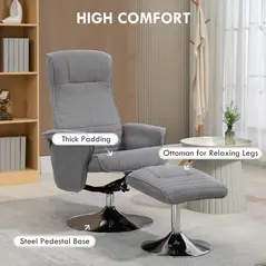 HOMCOM Swivel Recliner Chair with Footstool, Velvet Recliner Armchair with Ottoman, Steel Base, Upholstered Reclining Chair for Living Room, Bedroom, Office, Grey - 6