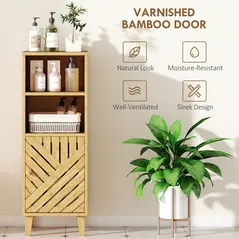 HOMCOM Slim Bathroom Cabinet with Bamboo Door and Legs, Narrow Bathroom Storage Cabinet, Freestanding Storage Cupboard with Open Compartments, 32 x 30 x 90 cm, Natural Wood Finish - 5