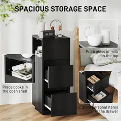 HOMCOM Slim Bedside Table, Narrow Bedside Cabinet with Open Shelf and 2 Drawers for Bedroom, Living Room, Black - 4