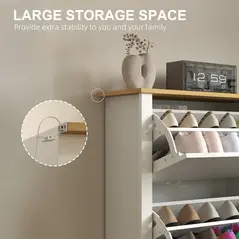 HOMCOM Slim Shoe Cabinet, Narrow Shoe Cupboard with 2 Flip Drawers, Adjustable Shelves for 12 Pairs of Shoes, High Gloss White - 7