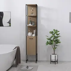 HOMCOM Tall Bathroom Cabinet with Open Shelves and Adjustable Shelf - Natural Wood Finish - 8