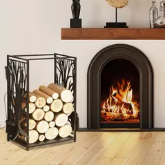 HOMCOM Steel Firewood Log Holder Indoor Outdoor Firewood Rack Fireplace Wood Storage Shelf with 4 Tools, Hooks, Tree Pattern Design, Rust-Resistant, Black, 46W x 30D x 70H cm - 2