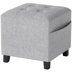 HOMCOM Square Footstool, Small Ottoman with Side Pocket, Linen Fabric Footrest Foot Stool with Rubber Wood Legs and Padded Seat for Living Room, Bedroom, Entryway, 35 x 35 x 35cm, Light Grey - 1