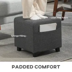 HOMCOM Square Footstool, Small Ottoman with Side Pocket, Linen Fabric Footrest Foot Stool with Rubber Wood Legs and Padded Seat for Living Room, Bedroom, Entryway, 35 x 35 x 35cm, Grey - 6