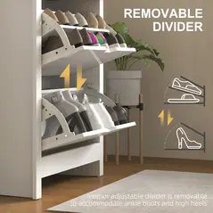 HOMCOM Slim Shoe Cabinet, Narrow Shoe Cupboard with 2 Flip Drawers, Adjustable Shelves for 12 Pairs of Shoes, High Gloss White - 6