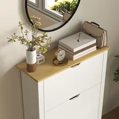 HOMCOM Slim Shoe Cabinet, Narrow Shoe Cupboard with 3 Flip Drawers, Adjustable Shelves for 18 Pairs of Shoes, High Gloss White - 8