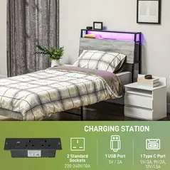 HOMCOM Single Steel Bed Frame, with LED Lights and Shelf - Grey - 5