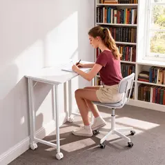 HOMCOM Small Folding Desk, with Wheels - White Wood-Effect - 9