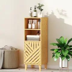 HOMCOM Slim Bathroom Cabinet with Bamboo Door and Legs, Narrow Bathroom Storage Cabinet, Freestanding Storage Cupboard with Open Compartments, 32 x 30 x 90 cm, Natural Wood Finish - 7