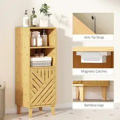 HOMCOM Slim Bathroom Cabinet with Bamboo Door and Legs, Narrow Bathroom Storage Cabinet, Freestanding Storage Cupboard with Open Compartments, 32 x 30 x 90 cm, Natural Wood Finish - 6
