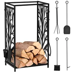 HOMCOM Steel Firewood Log Holder Indoor Outdoor Firewood Rack Fireplace Wood Storage Shelf with 4 Tools, Hooks, Tree Pattern Design, Rust-Resistant, Black, 46W x 30D x 70H cm - 1