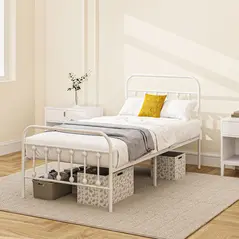 HOMCOM Single Minimalistic Metal Bed Frame - White - 9