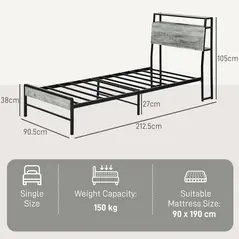 HOMCOM Single Steel Bed Frame, with LED Lights and Shelf - Grey - 3
