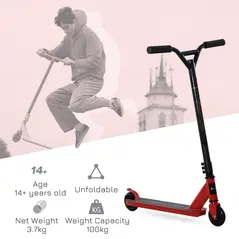 HOMCOM Street Stunt Scooter Intermediate and Beginner Freestyle Tricks Scooters For 14+ Teens Adult w/ Rear φ10cm Wheel & Brake - Red - 4