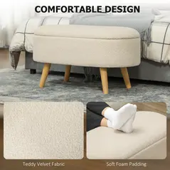 HOMCOM Teddy Fleece Storage Ottoman - Cream White - 5